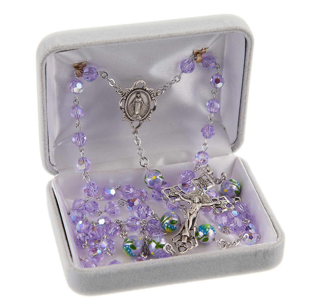 Sterling Silver Rosary Hand Made with Finest Austrian Crystal Violet Beads 6mm. Solid Sterling Scalloped Ray Miraculous Medal Centerpiece with Sterling Silver Large Pierced Filigree Crucifix with Vine Formed Layout