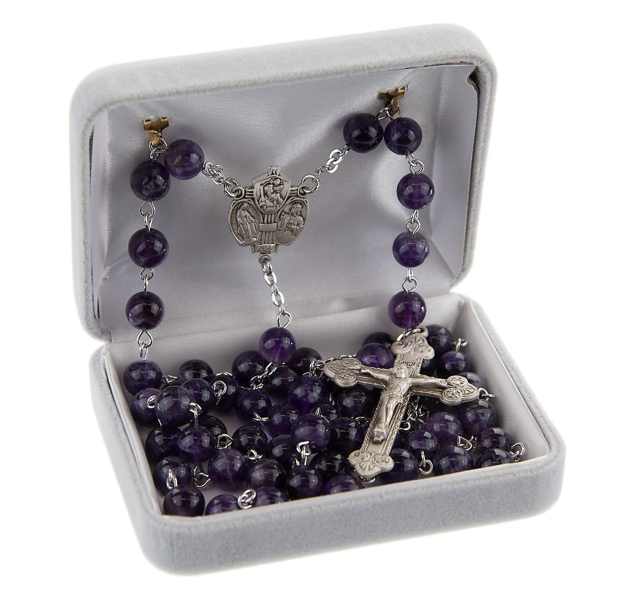 Sterling Silver Rosary Hand Made with Genuine Amethyst Semi Precious Stone Beads 8mm