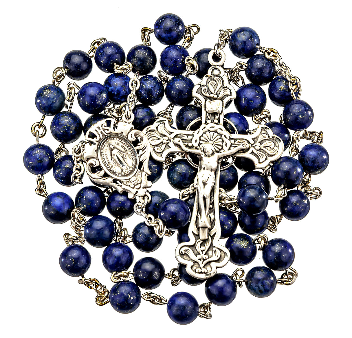 Sterling Silver Rosary Hand Made with Genuine Lapis Semi Precious Stone Beads 8mm and Sterling Silver Pierced Crucifix with Fancy Leaf Designs and Crown of Thorns Halo