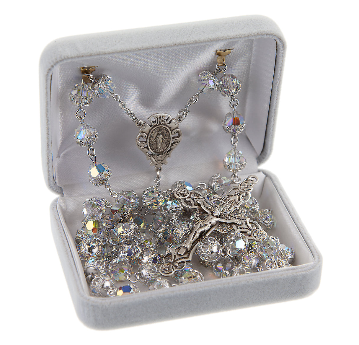 Sterling Silver Single Capped Rosary Hand Made with Finest Austrian Crystal Aurora Beads 8mm and Sterling Silver Elaborate Crucifix with scrolled design and flowered tips and halo