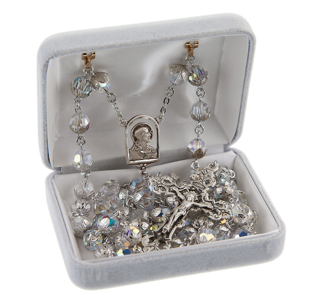 Sterling Silver Tulip Capped Rosary Hand Made with Finest Austrian Crystal Aurora Beads 8mm and Sterling Silver Large Crucifix with intricate Pierced scrolled Leaf and Vine Design