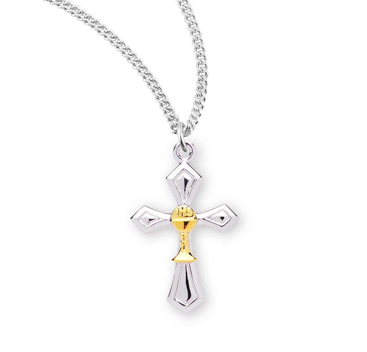 Two-tone sterling silver cross with a gold toned chalice at its center