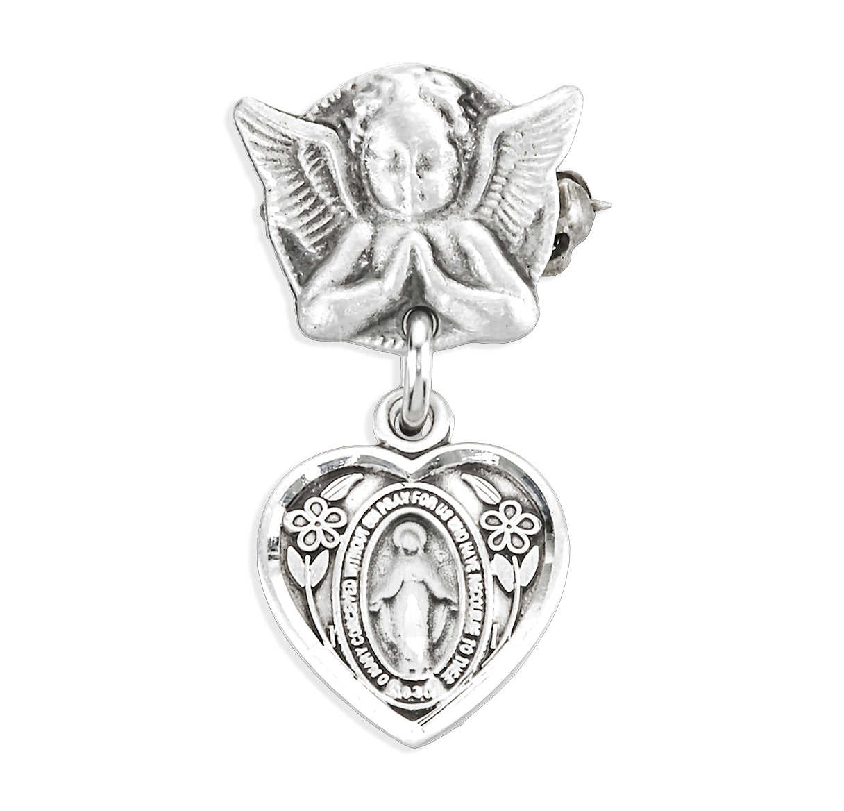 Heart Shape Baby Miraculous Medal in Sterling Silver on an Angel Pin Necklace | .925 Silver