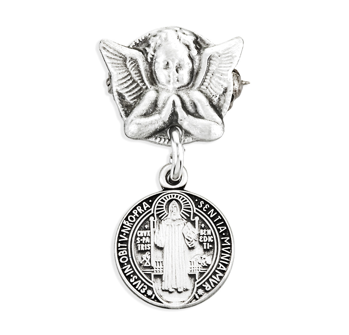 Saint Benedict Round Medal on an Angel Pin Necklace | Catholic Jewelry
