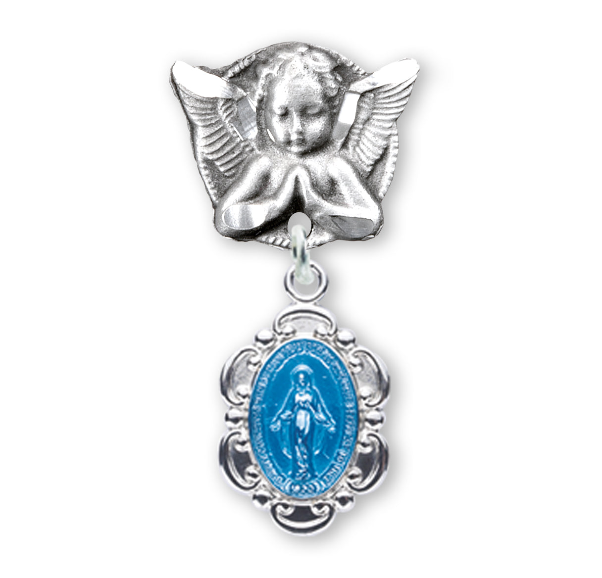Blue Enameled Oval Fancy Edge Miraculous Baby Medal on an Angel Pin Necklace | Catholic Jewelry