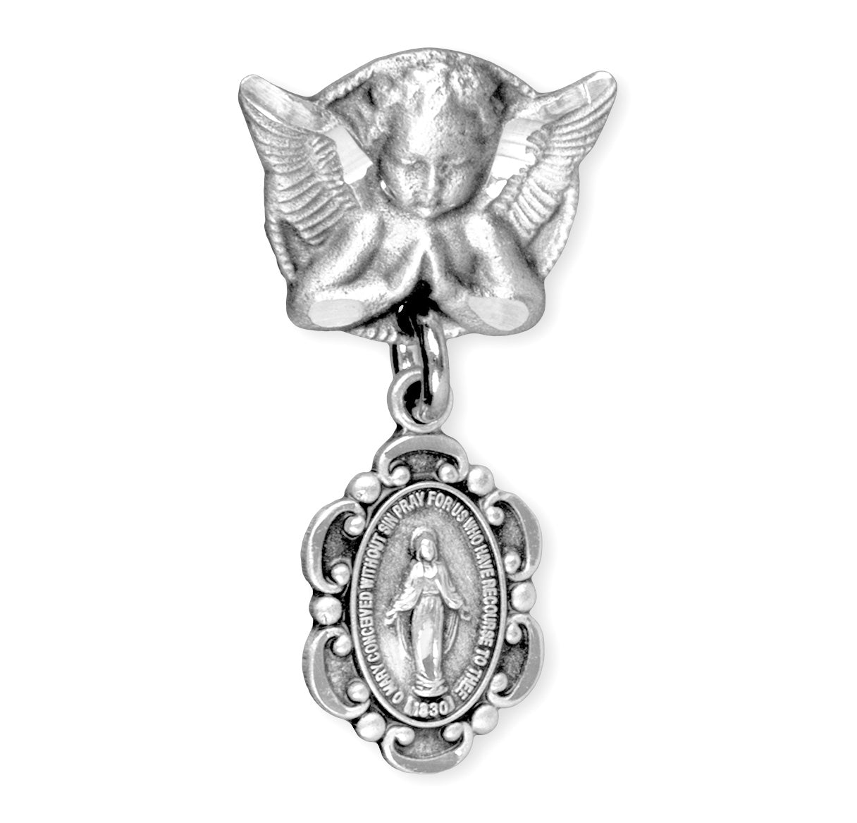 Sterling Silver Oval Fancy Edge Miraculous Baby Medal on an Angel Pin Necklace | .925 Silver
