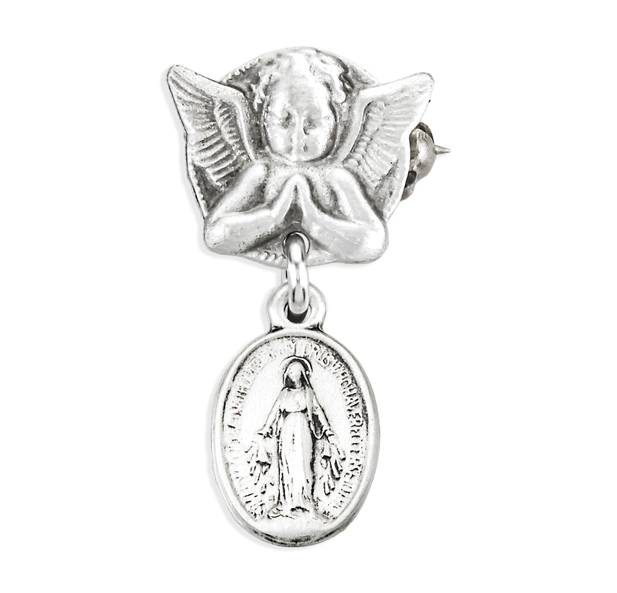 Sterling Silver Oval Miraculous Baby Medal on an Angel Pin Necklace | .925 Silver