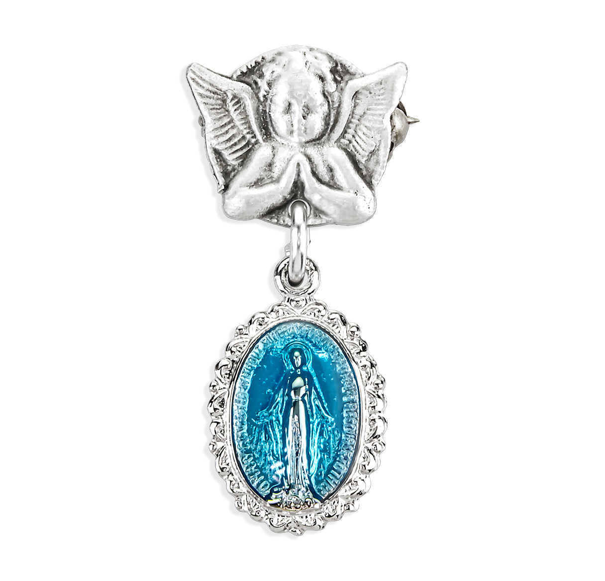 Blue Enameled Oval Fancy Edge Sterling Silver Baby Miraculous Baby Medal on an Angel Pin Necklace | .925 Silver