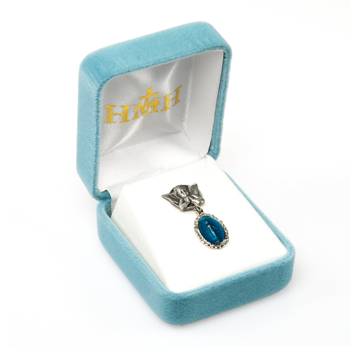 Blue Enameled Oval Fancy Edge Sterling Silver Baby Miraculous Baby Medal on an Angel Pin Necklace | .925 Silver