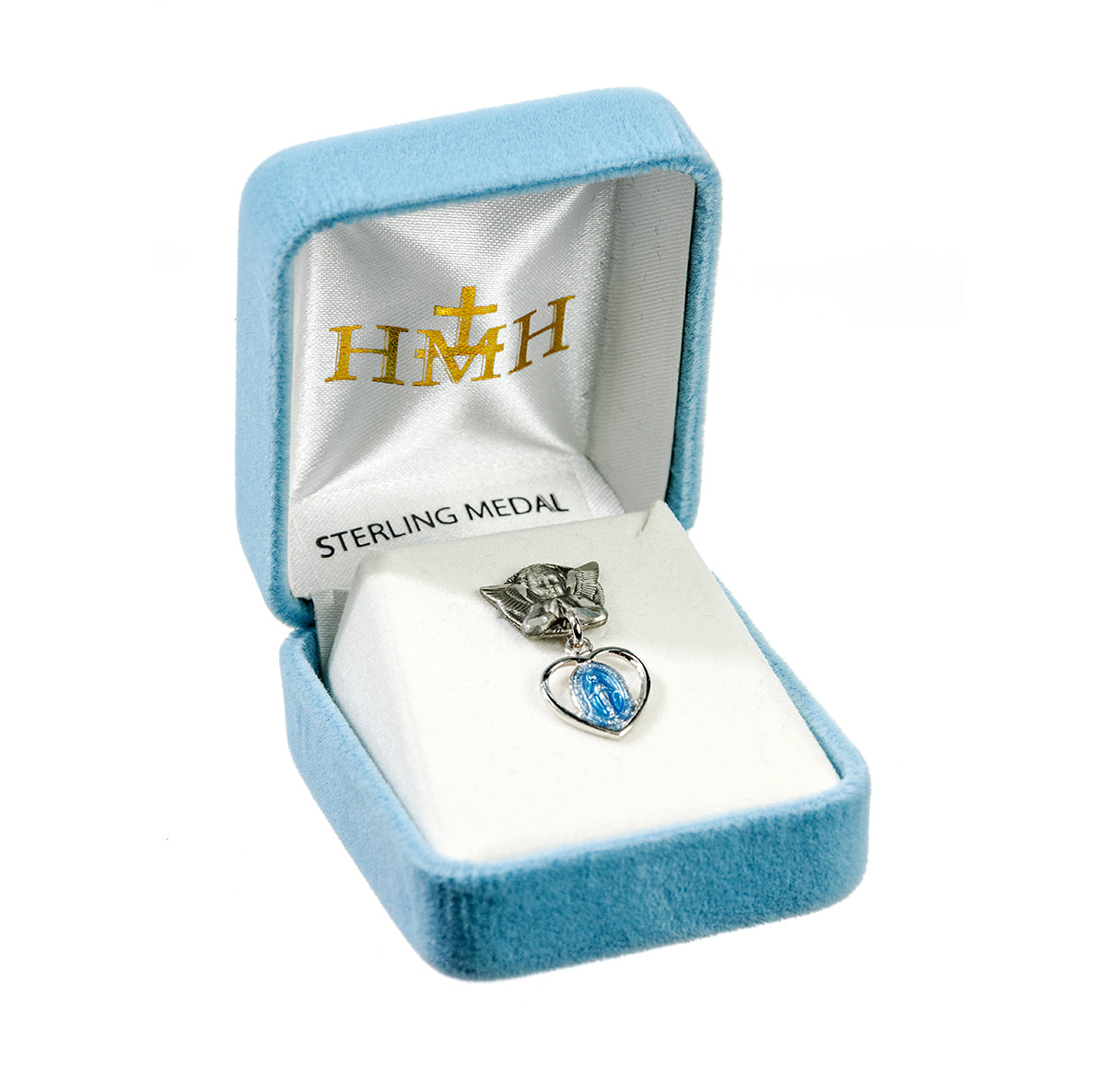 Blue Enameled Pierced Heart Sterling Silver Baby Miraculous Medal on an Angel Pin Necklace | .925 Silver