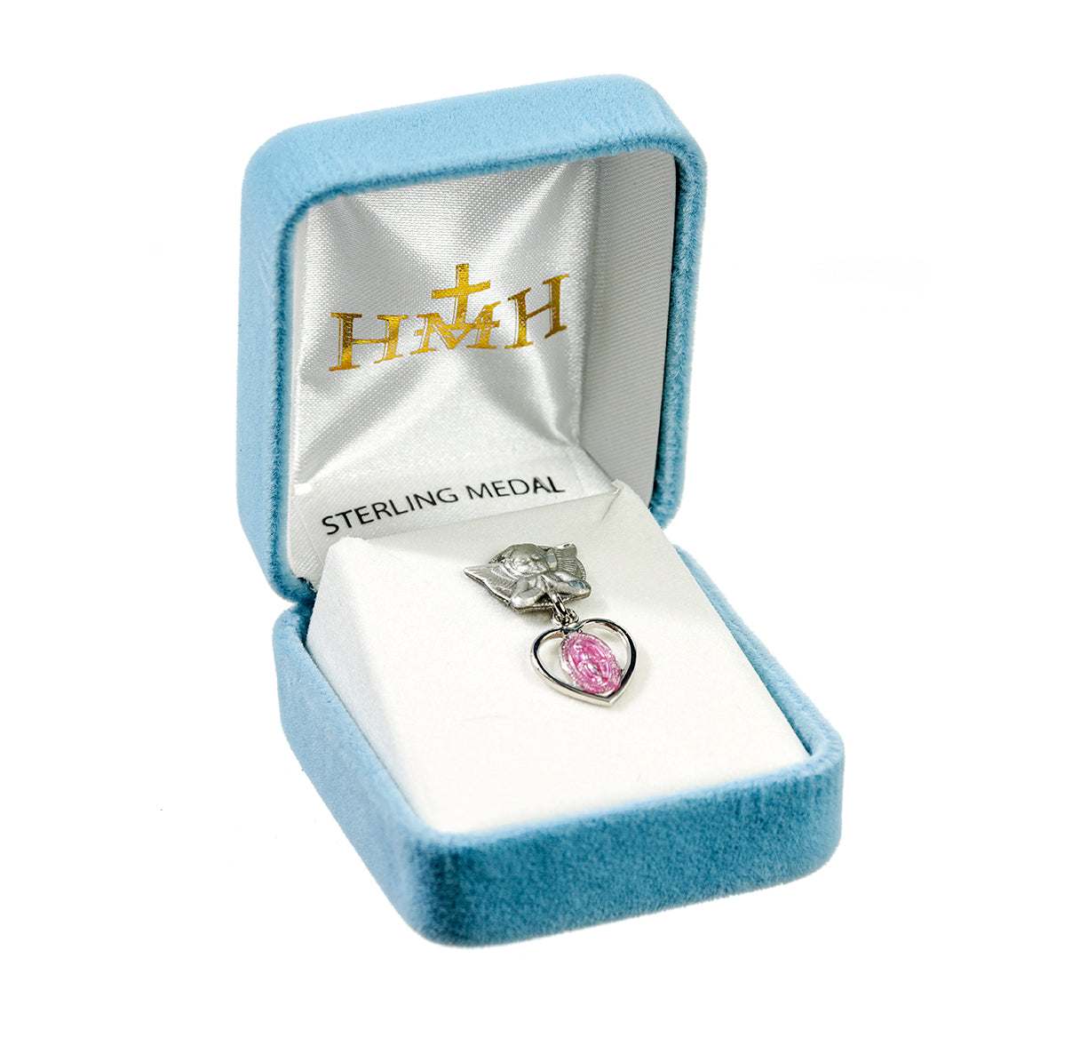 Pink Enameled Pierced Heart Sterling Silver Baby Miraculous Medal on an Angel Pin Necklace | .925 Silver