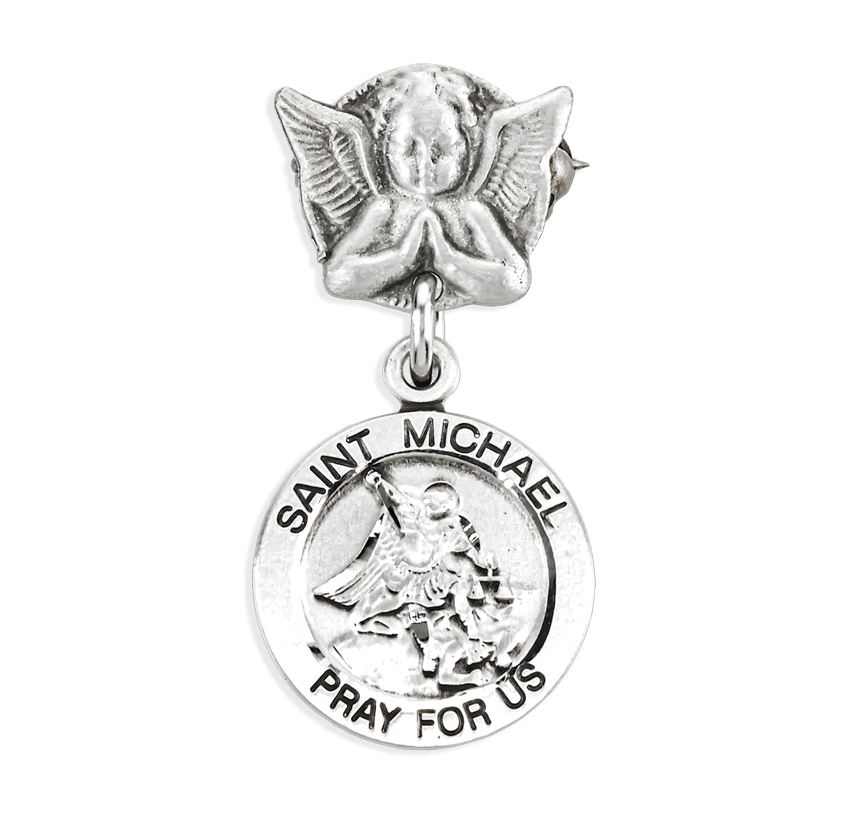 Saint Michael Sterling Silver Medal on an Angel Pin Necklace | .925 Silver