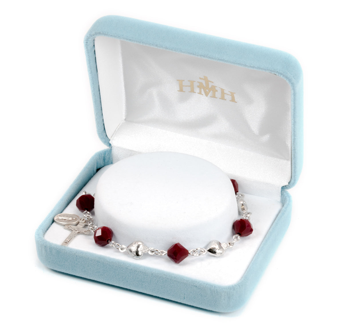 Red Coral Faceted Crystal Sacred Heart Bead Sterling Silver Rosary Bracelet | .925 Silver