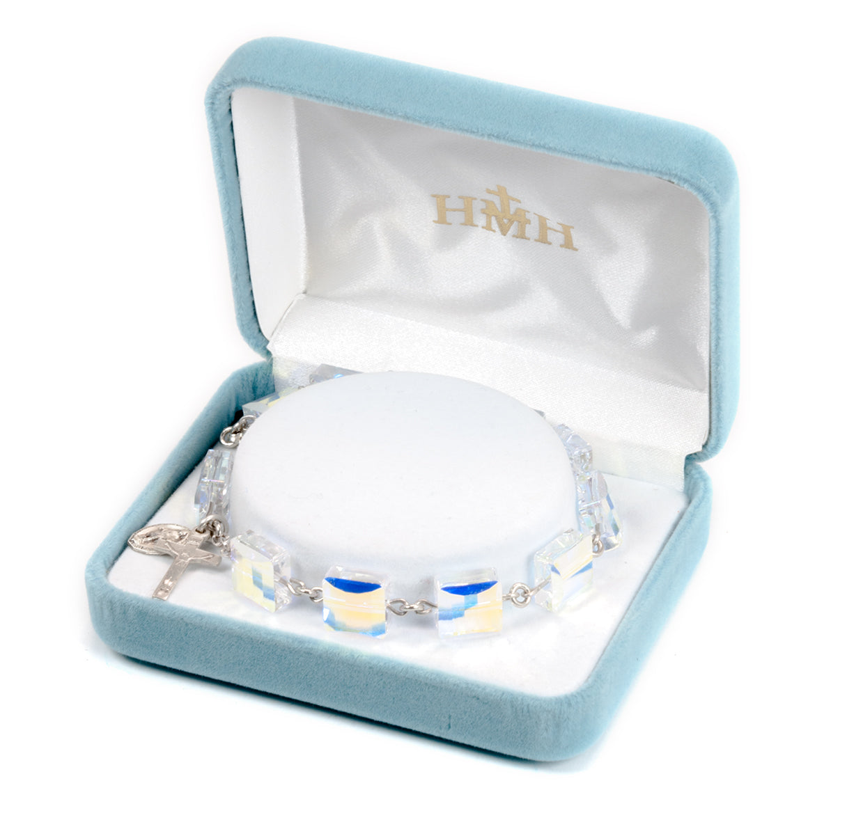 Sterling Silver Rosary Bracelet Created with 10mm Aurora Borealis Finest Austrian Crystal Square Beads by HMH | .925 Silver