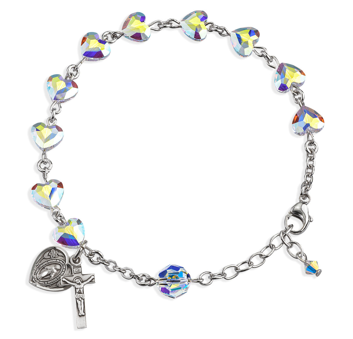 Sterling Silver Rosary Bracelet Created with 8mm Aurora Borealis Finest Austrian Crystal Heart Shape Beads by HMH | .925 Silver