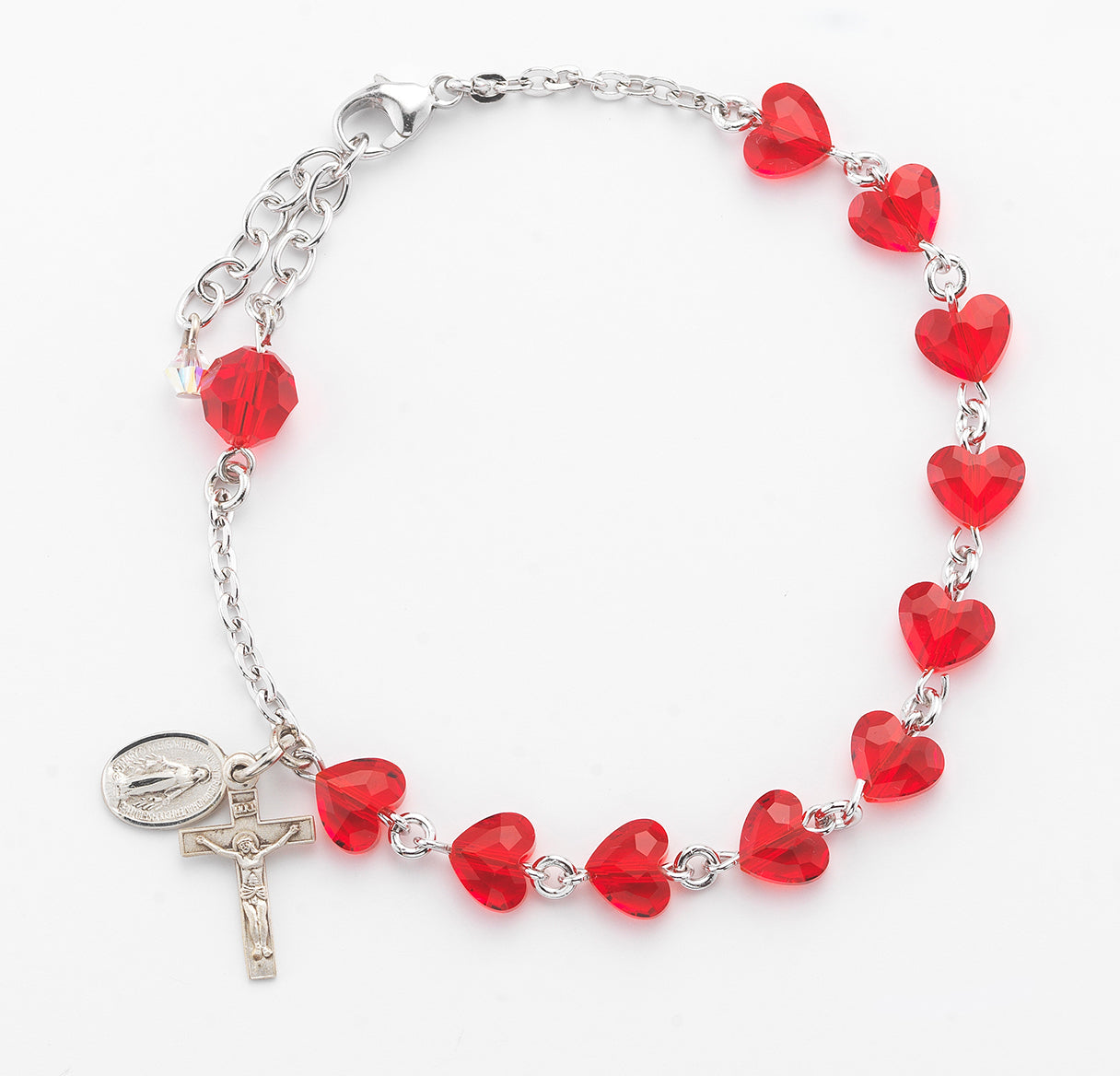 Sterling Silver Rosary Bracelet Created with 8mm Red Finest Austrian Crystal Heart Shape Beads by HMH | .925 Silver