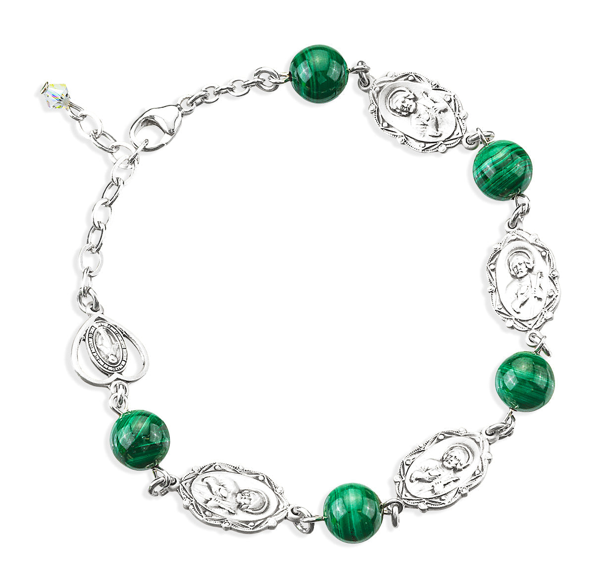 Malachite Round Saint Jude Sterling Silver Rosary Bracelet | .925 Silver