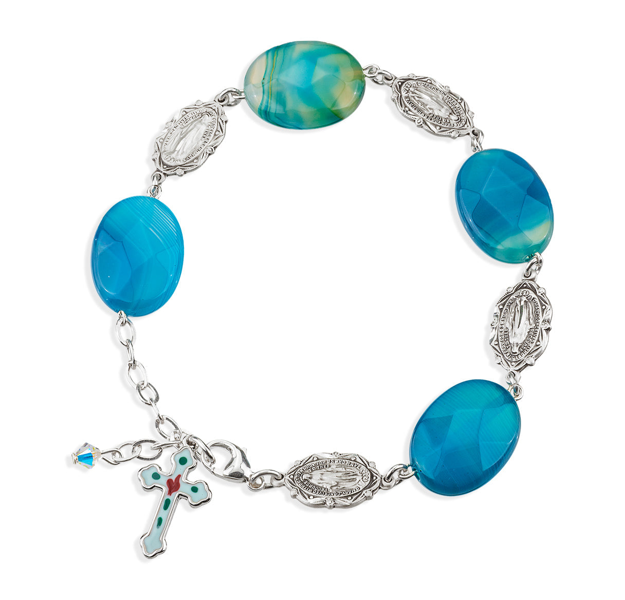 Blue Agate Faceted Stone with Sterling Silver Miraculous Medals Rosary Bracelet | .925 Silver