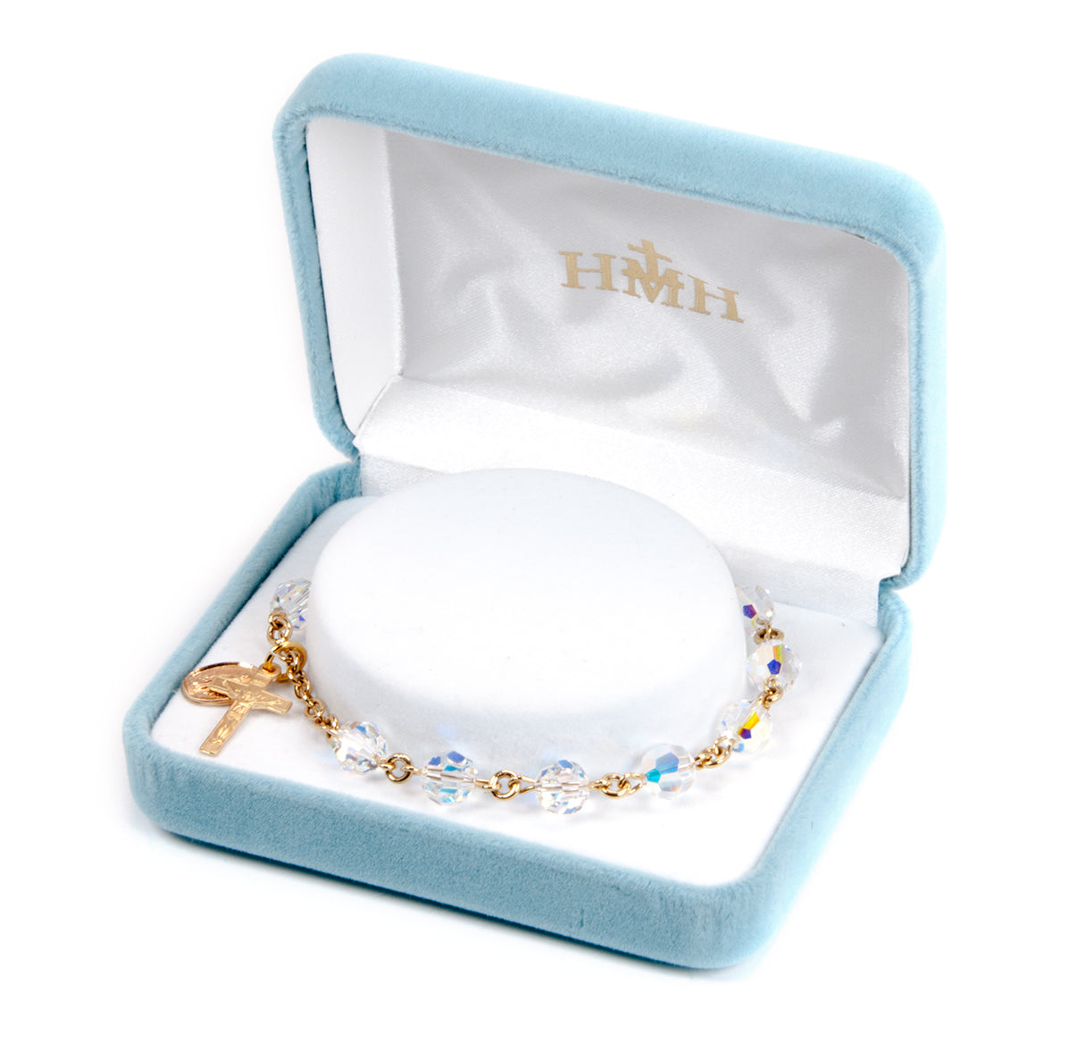 Gold Over Sterling Silver Rosary Bracelet Created with 7mm Aurora Borealis Finest Austrian Crystal Round Beads by HMH