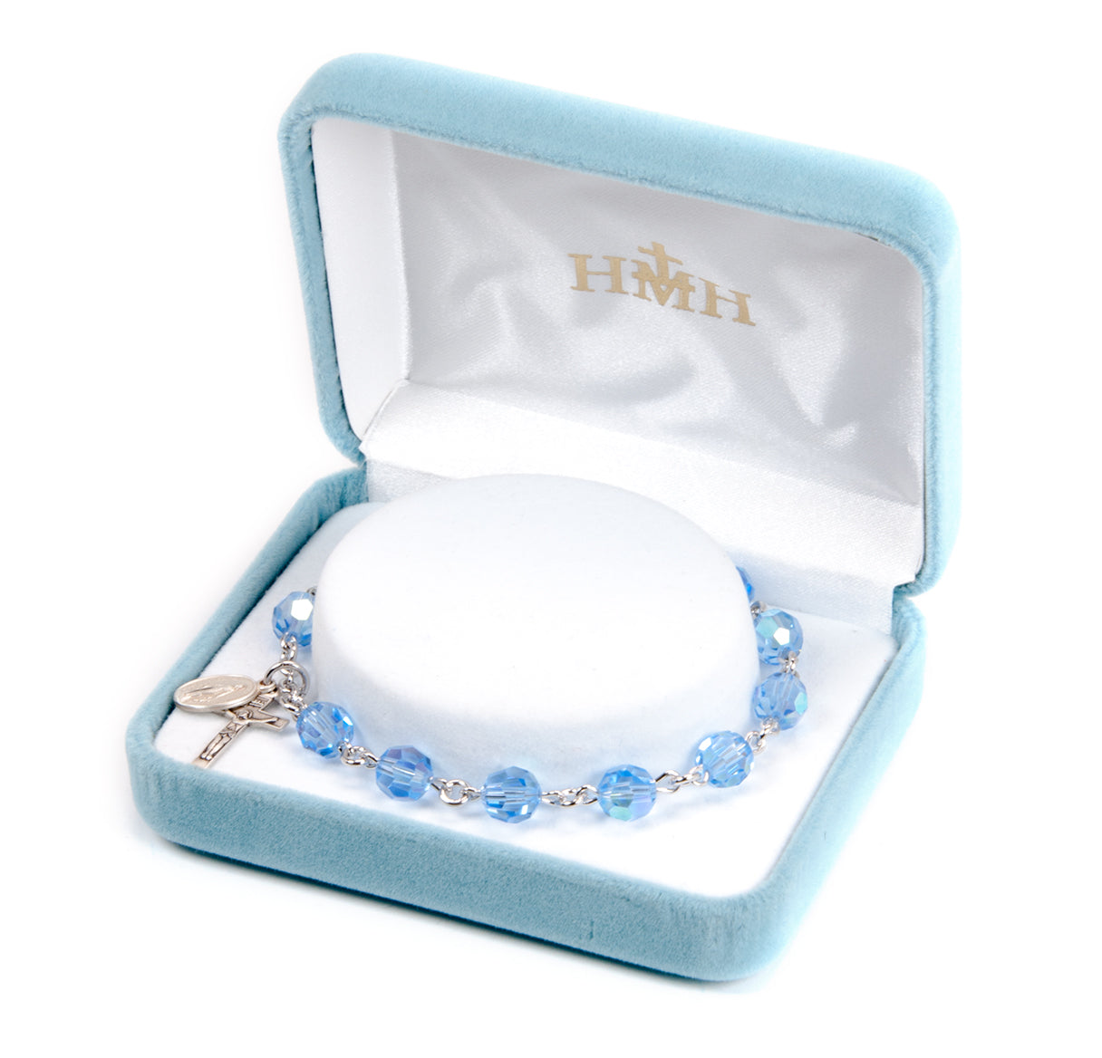 Sterling Silver Rosary Bracelet Created with 7mm Light Sapphire Finest Austrian Crystal Round Beads by HMH | .925 Silver