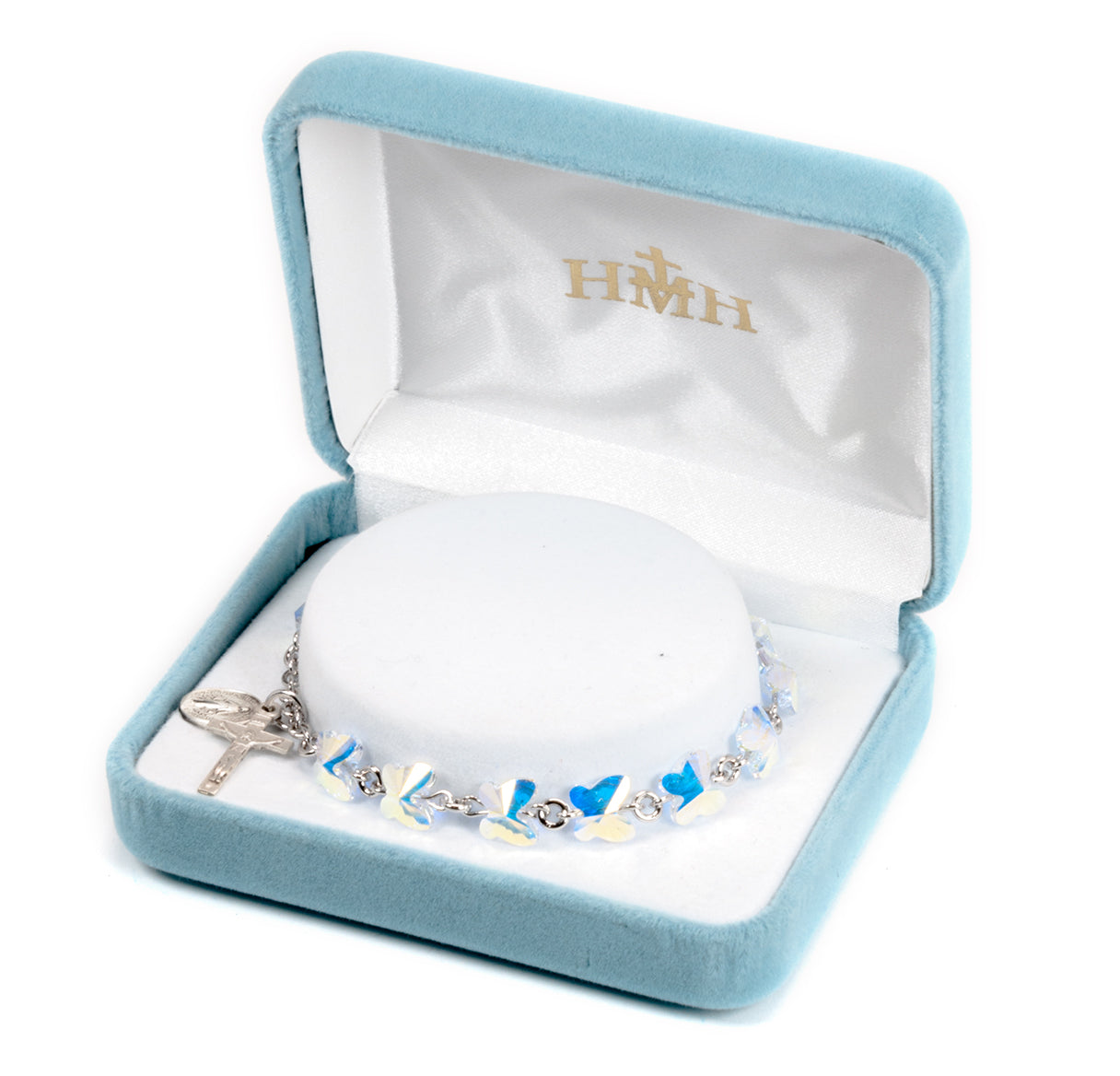 Sterling Silver Rosary Bracelet Created with 8mm Aurora Borealis Finest Austrian Crystal Butterfly Beads by HMH | .925 Silver