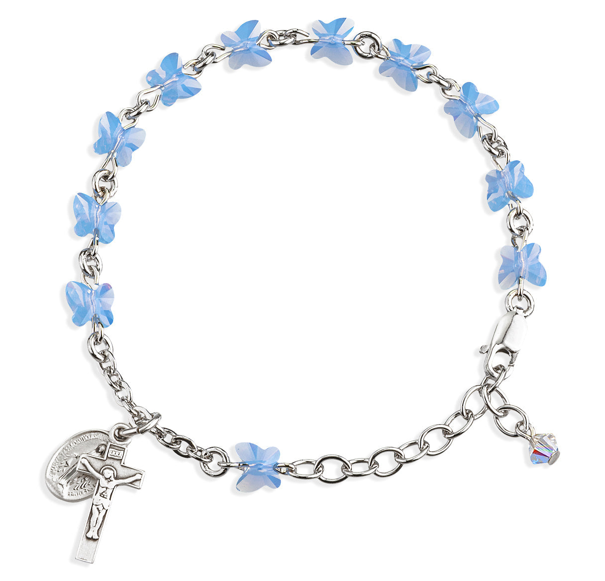Sterling Silver Rosary Bracelet Created with 6mm Blue Opal Finest Austrian Crystal Butterfly Beads by HMH | .925 Silver