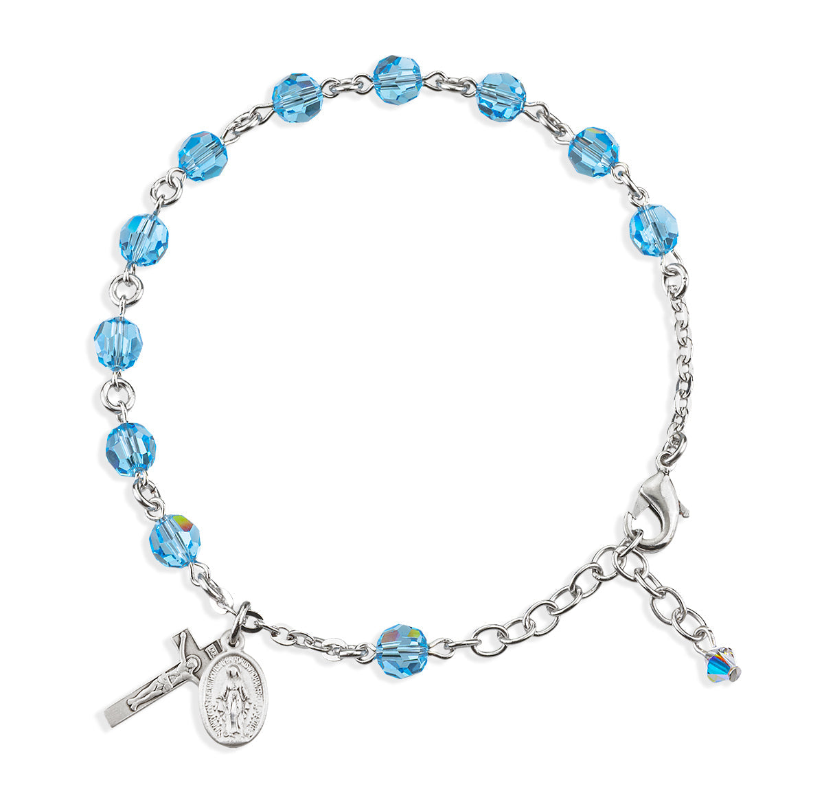 Sterling Silver Rosary Bracelet Created with 6mm Aqua Finest Austrian Crystal Round Beads by HMH | .925 Silver