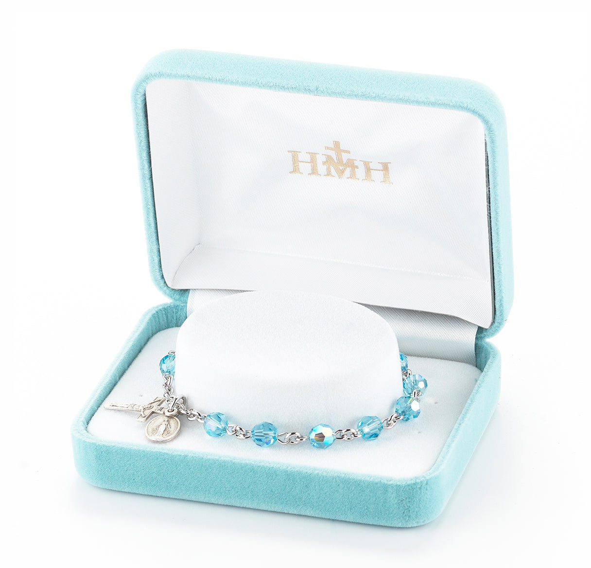 Sterling Silver Rosary Bracelet Created with 6mm Aqua Finest Austrian Crystal Round Beads by HMH | .925 Silver