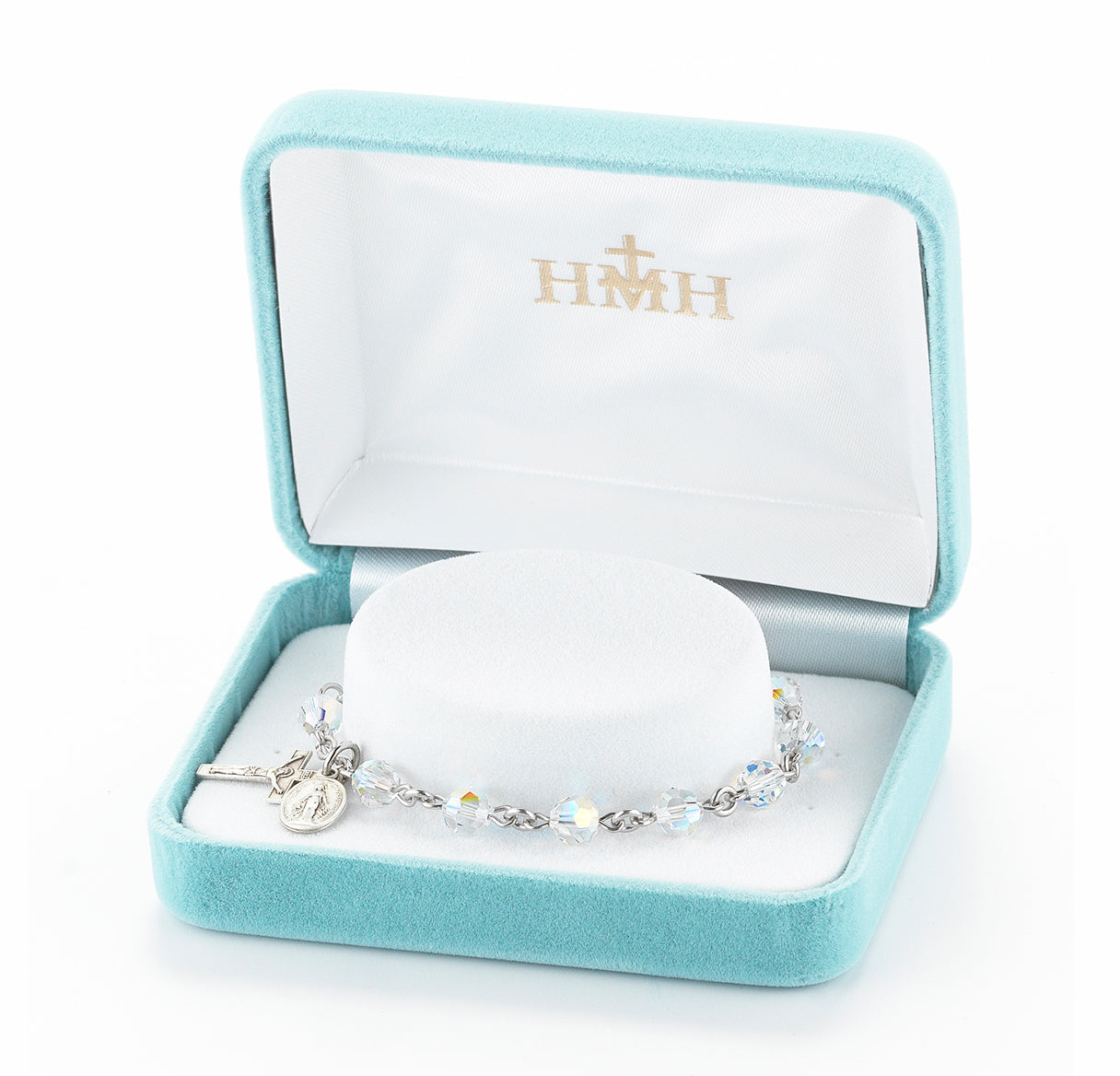 Sterling Silver Rosary Bracelet Created with 6mm Aurora Borealis Finest Austrian Crystal Round Beads by HMH | .925 Silver