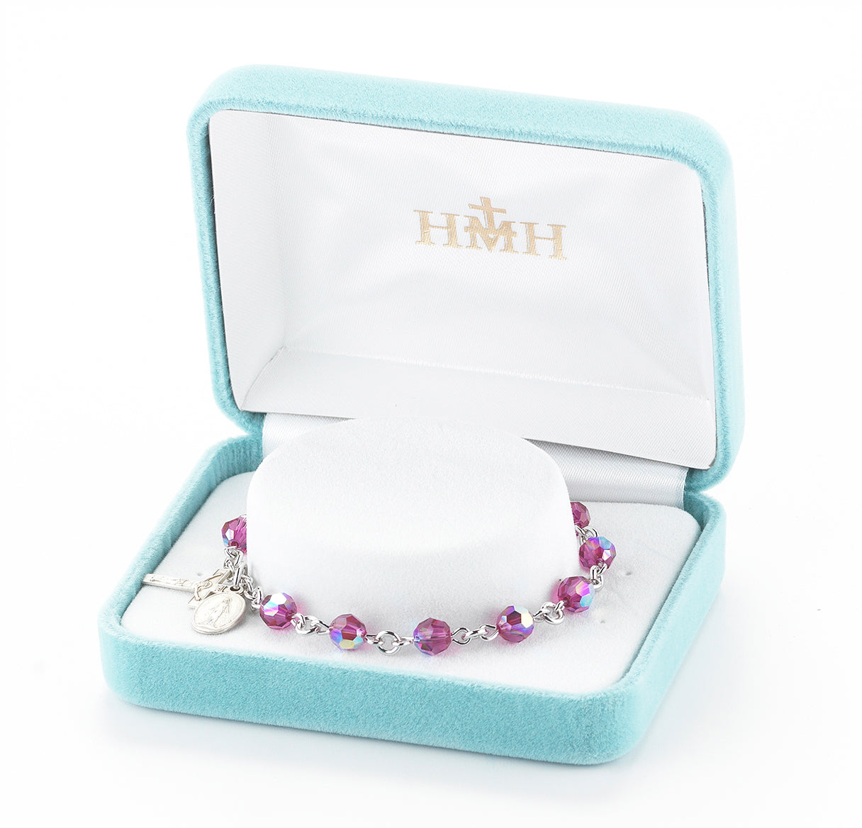 Sterling Silver Rosary Bracelet Created with 6mm Fuchsia Finest Austrian Crystal Round Beads by HMH | .925 Silver