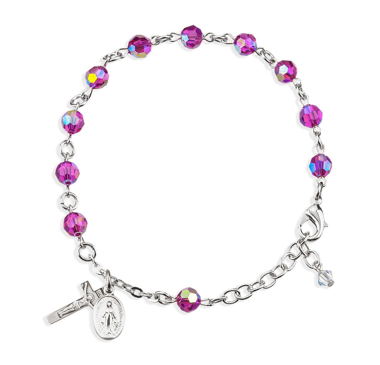 Sterling Silver Rosary Bracelet Created with 6mm Fuchsia Finest Austrian Crystal Round Beads by HMH | .925 Silver