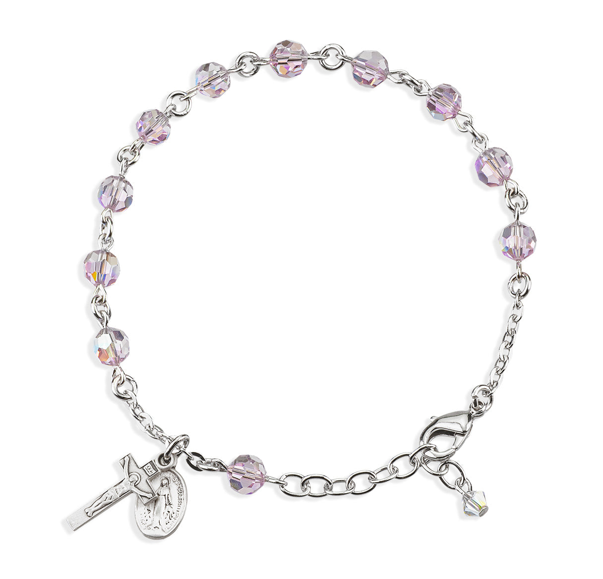 Sterling Silver Rosary Bracelet Created with 6mm Light Amethyst Finest Austrian Crystal Round Beads by HMH | .925 Silver