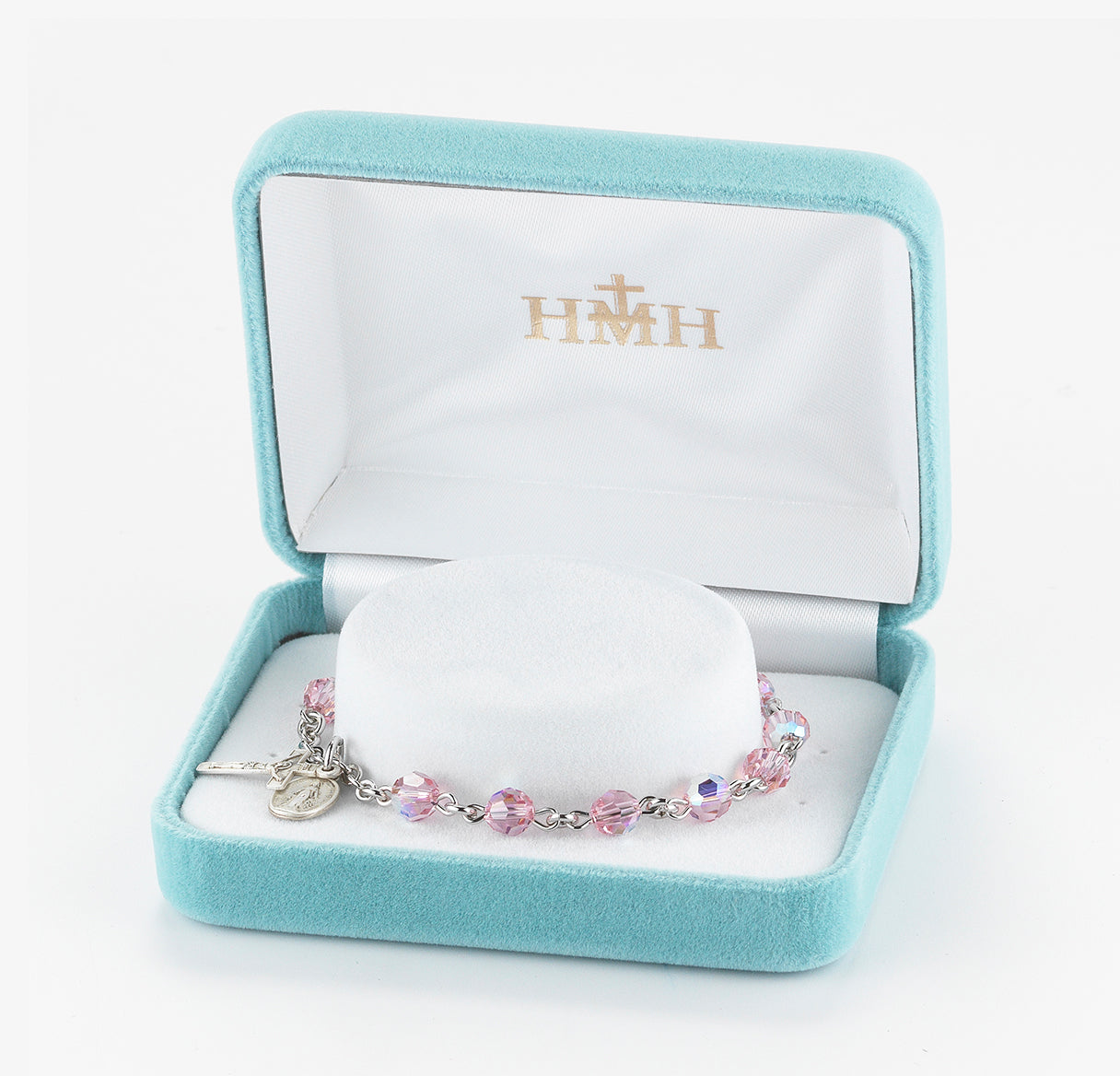 Sterling Silver Rosary Bracelet Created with 6mm Light Rose Finest Austrian Crystal Round Beads by HMH | .925 Silver