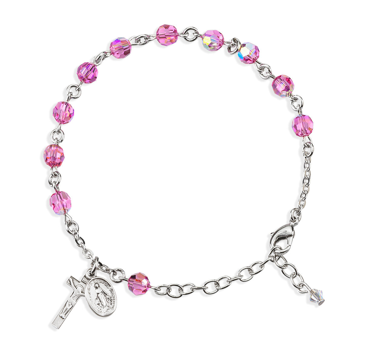 Sterling Silver Rosary Bracelet Created with 6mm Pink Finest Austrian Crystal Round Beads by HMH | .925 Silver