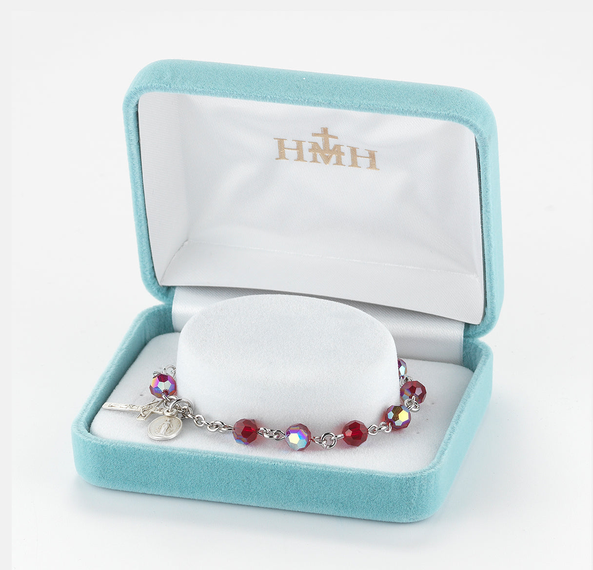 Sterling Silver Rosary Bracelet Created with 6mm Ruby Finest Austrian Crystal Round Beads by HMH | .925 Silver