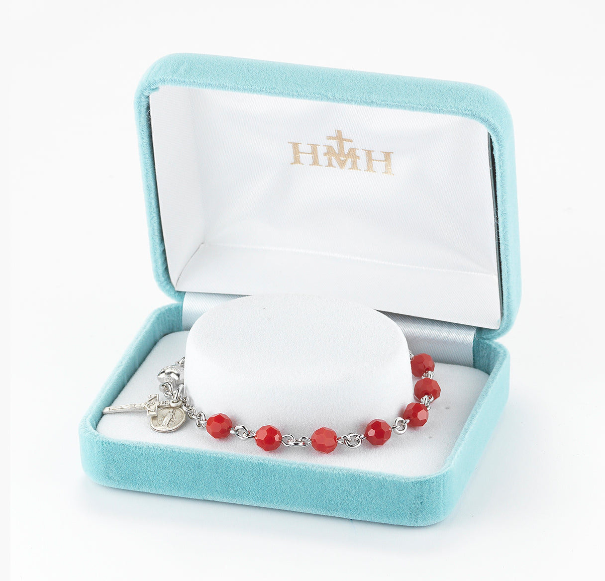 Sterling Silver Rosary Bracelet Created with 6mm Coral Finest Austrian Crystal Round Beads by HMH | .925 Silver