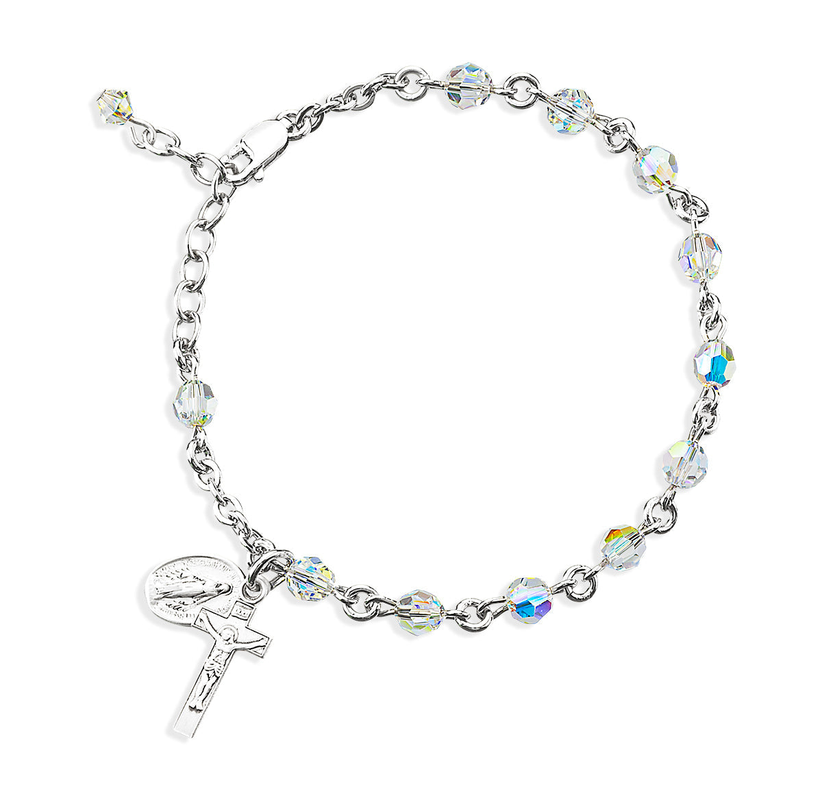 Sterling Silver Rosary Bracelet Created with 5mm Aurora Borealis Finest Austrian Crystal Round Beads by HMH | .925 Silver