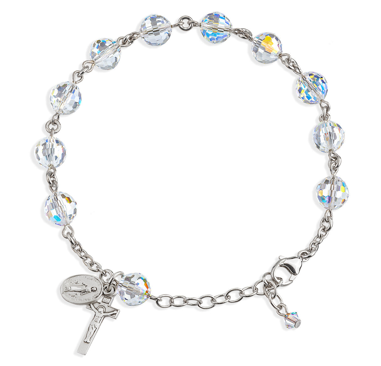 Sterling Silver Rosary Bracelet Created with 8mm Aurora Borealis Finest Austrian Crystal Multi-Faceted Beads by HMH | .925 Silver
