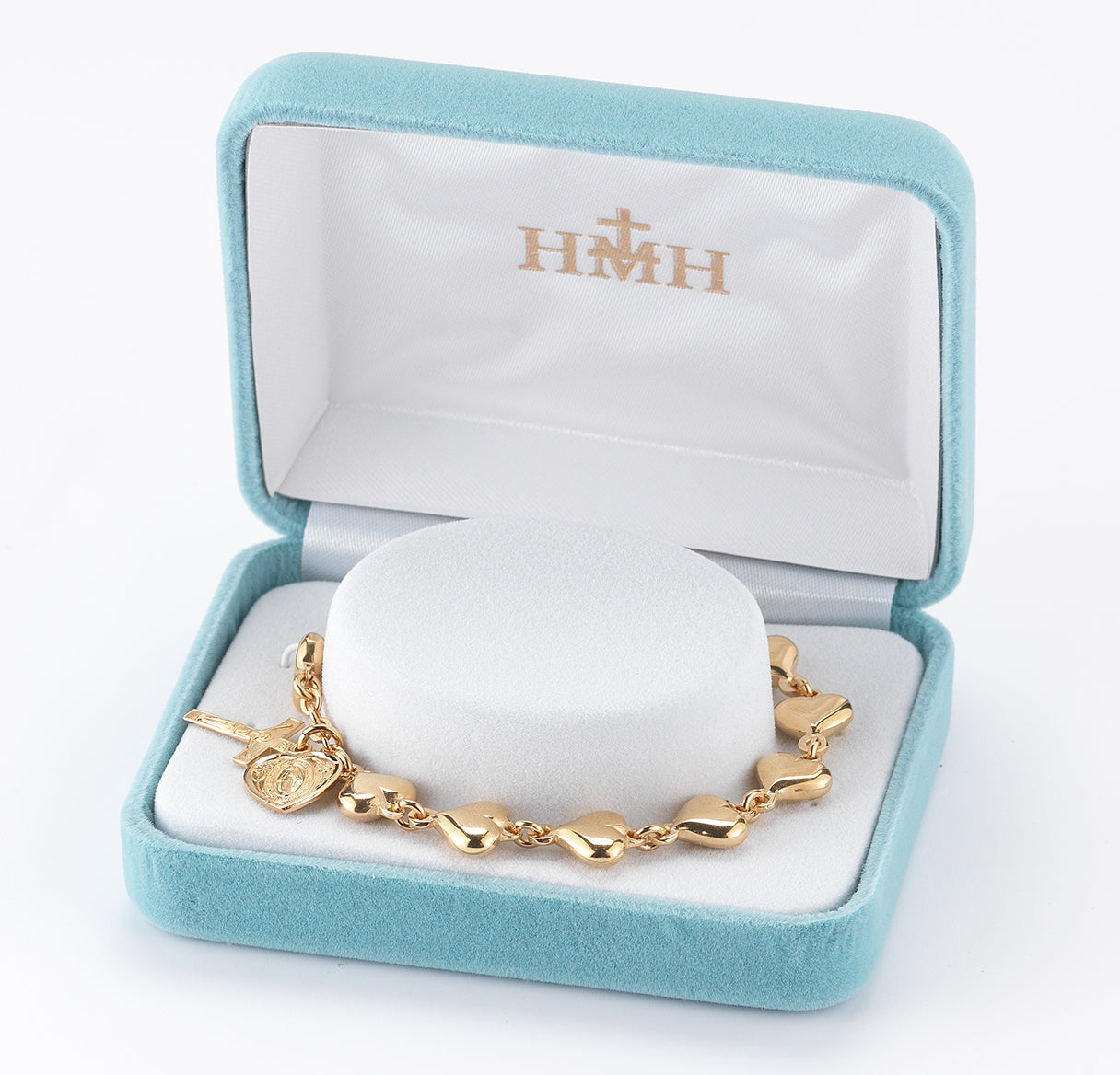 Solid Gold Over Sterling Silver Polished Heart Rosary Bracelet | 16kt Gold Plated .925 Silver