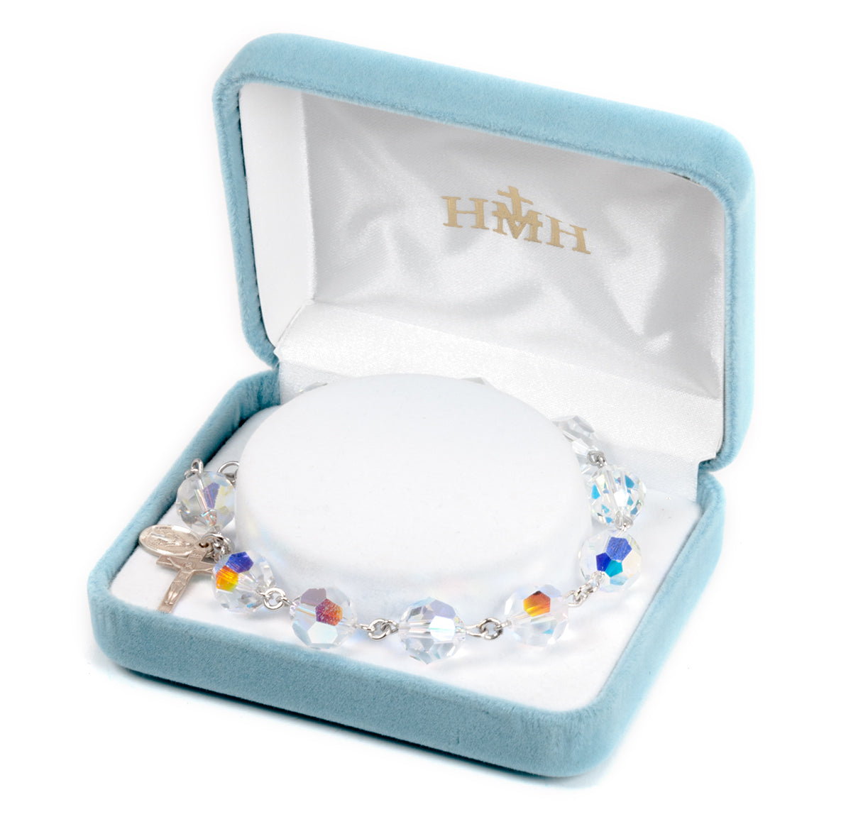 Sterling Silver Rosary Bracelet Created with 10mm Aurora Borealis Finest Austrian Crystal Round Beads by HMH | .925 Silver