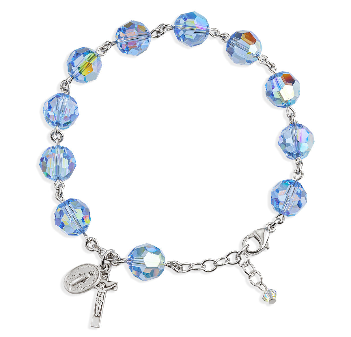 Sterling Silver Rosary Bracelet Created with 10mm Light Sapphire Finest Austrian Crystal Round Beads by HMH | .925 Silver