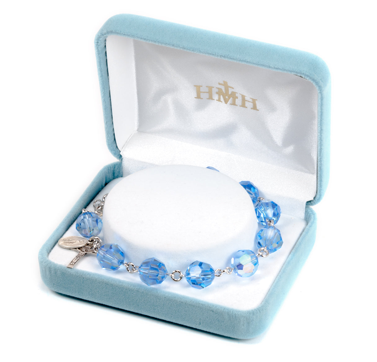 Sterling Silver Rosary Bracelet Created with 10mm Light Sapphire Finest Austrian Crystal Round Beads by HMH | .925 Silver