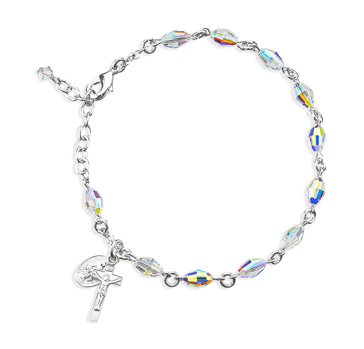 Rosary Bracelet Created with 5mm x 7mm Aurora Borealis Finest Austrian Crystal Oval Beads by HMH | Catholic Rosary