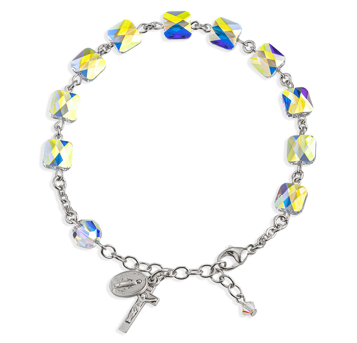 Rosary Bracelet Created with 8mm Aurora Borealis Finest Austrian Crystal Multi-Facted Square Beads by HMH | Catholic Rosary