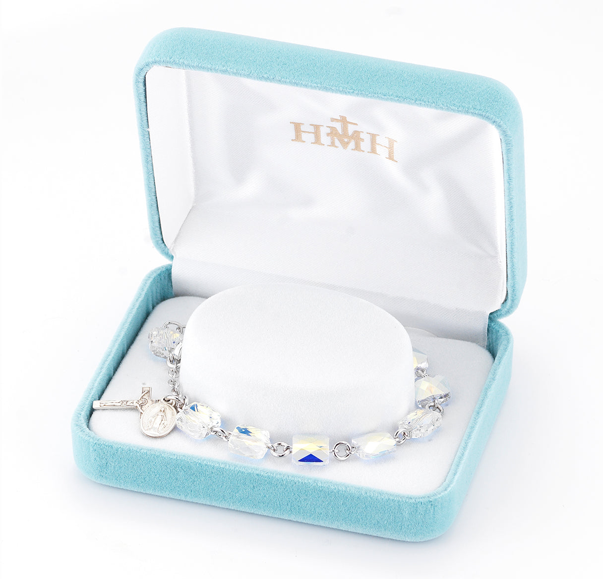Rosary Bracelet Created with 8mm Aurora Borealis Finest Austrian Crystal Multi-Facted Square Beads by HMH | Catholic Rosary