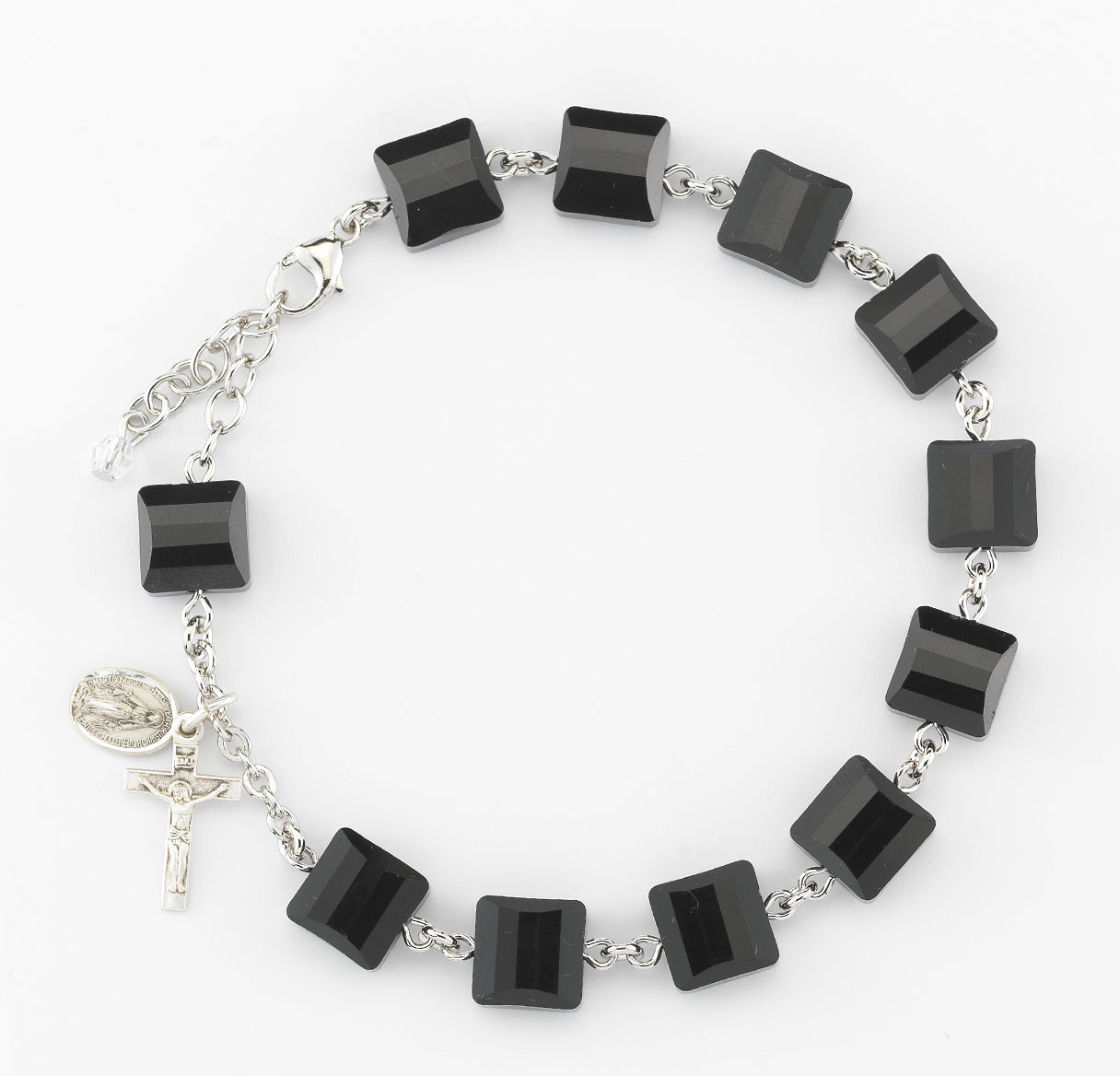Rosary Bracelet Created with 10mm Jet Black Finest Austrian Crystal Multi-Facted Square Beads by HMH | Catholic Rosary