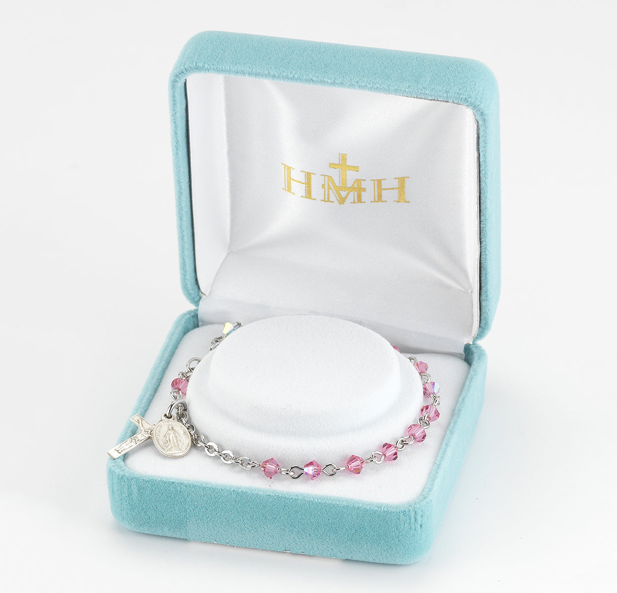 Rosary Bracelet Created with 4mm Pink Finest Austrian Crystal Rondelle Beads by HMH | Catholic Rosary