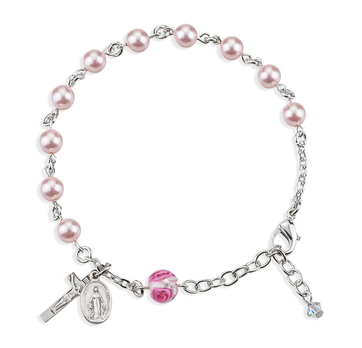 Rosary Bracelet Created with 6mm Pink Finest Austrian Crystal Pearl Beads by HMH | Catholic Rosary