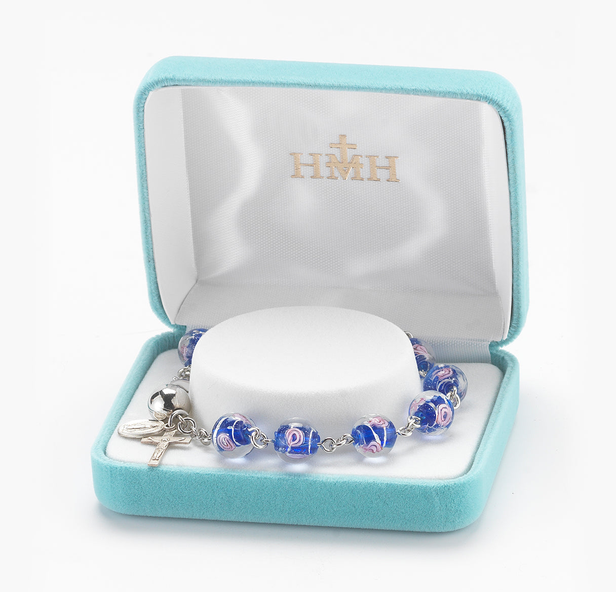 Venetian Style Round Blue with Pink Rose Embedded Glass Bead Rosary Bracelet | Catholic Rosary