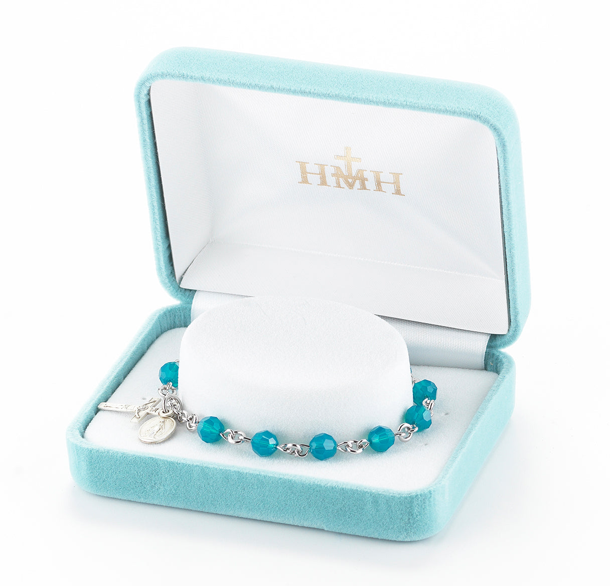 Rosary Bracelet Created with 6mm Caribbean Blue Finest Austrian Crystal Round Beads by HMH | Catholic Rosary